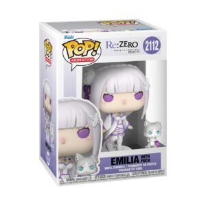 100% authentic Funko POP! Emilia figure from Re:Zero, featuring Puck, in a vibrant box, perfect for collectors.