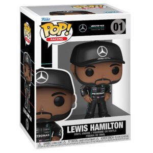 100% authentic Funko POP! vinyl figure of Formula One driver Lewis Hamilton, featuring detailed racing attire and box packaging.