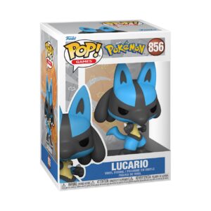 100% authentic Funko POP! of Lucario from Pokemon, featuring vibrant colors and iconic design in a collector's box.