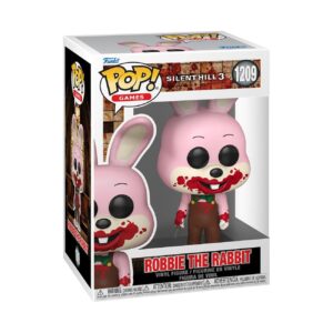 100% Genuine Funko POP! of Robbie the Rabbit from Silent Hill, featuring a pink figure with blood splatters and a box.