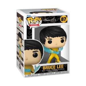 Authentic Funko POP! Icons Bruce Lee vinyl figure in iconic yellow outfit, boxed and ready for collectors.
