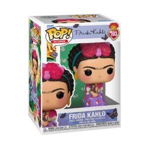 Authentic Funko POP! Icons Frida Kahlo vinyl figure, packaged in a colorful box with floral design and butterflies.