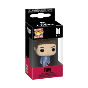 Authentic Funko POP! keychain of BTS member RM, packaged in a clear display box. Ideal for fans and collectors.