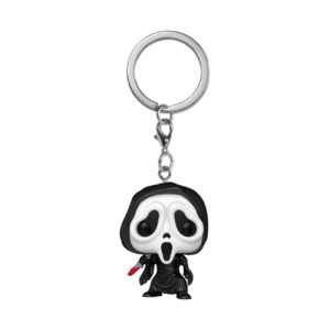 100% genuine Funko Pop! Keychain featuring Ghostface, iconic horror character, holding a knife, perfect for collectors.