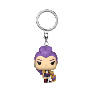 Authentic Funko POP! Keychain featuring a Kpop Demon Hunter with purple hair and a sword. 100% genuine collectible item.