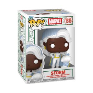 Celebrate the holidays with this authentic Funko Pop! Marvel Storm figure, featuring her in festive attire and a snowy accessory.