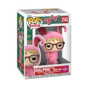 100% authentic Funko Pop! figure of Ralphie from A Christmas Story, featuring him in a pink bunny suit, flocked detail.
