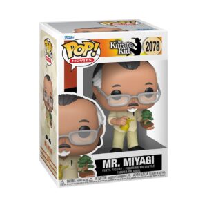 100% genuine Funko Pop! Movies figurine of Mr. Miyagi from The Karate Kid, showcasing vibrant colors and iconic features.
