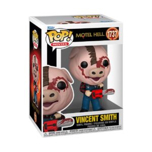 100% authentic Vincent Smith Funko POP! figure from Motel Hell, featuring detailed pig mask, chainsaw, and vibrant colors.
