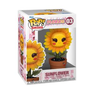 Discover 100% Genuine Funko POP! Sunflower figure, vibrant yellow with a smiling face, in decorative plant pot.