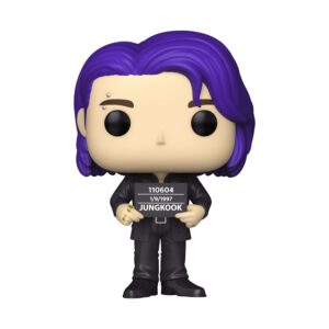 Authentic Funko Pop! of Jung Kook from BTS, featuring purple hair, a black outfit, and a mugshot sign.