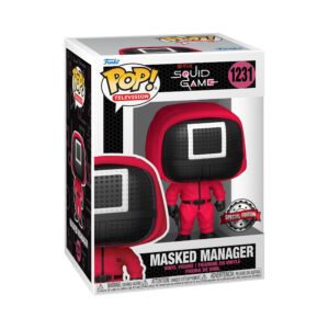 100% Genuine Funko Pop Squid Game Manager #1231, featuring a masked character in vibrant red, perfect for collectors.