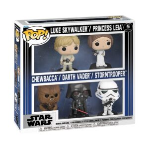 Authentic Funko Pop! Star Wars set featuring Luke Skywalker, Princess Leia, Chewbacca, Darth Vader, and a Stormtrooper.