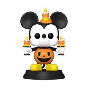 100% authentic Funko POP! Disney Mickey Mouse figure, featuring Halloween design with pumpkin and candles.