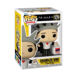 100% genuine Funko POP! of Chandler Bing from Friends, featuring him in a Statue of Liberty costume with a shopping bag.