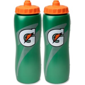 Authentic Gatorade squeeze sports bottles in green with orange caps, perfect for hydration during sports activities.