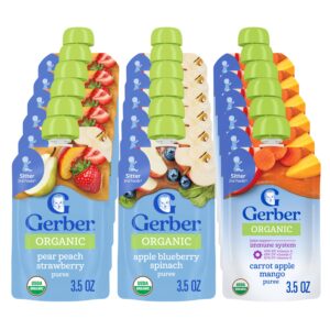 Explore premium imported Gerber Organic Baby Food Pouches, featuring nutritious flavors like pear peach and apple blueberry, available at Curat Cart.