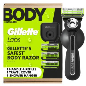 Discover the Gillette Labs Body Razor, featuring a handle, refills, travel cover, and shower hanger – 100% authentic.