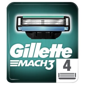 Authentic Gillette Mach3 razor blades, designed for a close, comfortable shave. Pack of four blades for ultimate grooming.