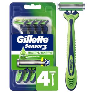 100% Genuine Gillette Sensor3 Sensitive Razor with aloe, featuring 4 cartridges for a smooth, comfortable shave.
