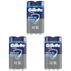 Authentic Gillette Series 3X Action Shave Gel twin pack, offers moisturizing with cocoa butter for a smooth shave.