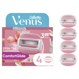 Authentic Gillette Venus ComfortGlide Razor Refills. Scented with white tea, includes four 3-blade refills for smooth shaving.