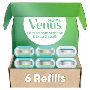 Authentic Gillette Venus Extra Smooth razor blades, six refills in a sturdy box for a gentle shaving experience.