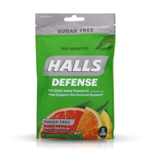 Halls Defense Vitamin C Drops offer a premium imported solution for immune support, sugar-free with assorted citrus flavor. Available at Curat Cart.