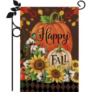 Celebrate autumn with the Happy Fall Garden Flag, a premium import from Curat Cart, featuring vibrant pumpkins and sunflowers.