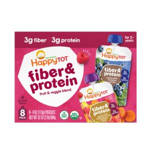 Happy Tot Organics Fiber Protein, a premium import for kids, offers 3g fiber and 3g protein in a delicious fruit and veggie blend. Available at Curat Cart.