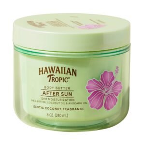 100% genuine Hawaiian Tropic After Sun Body Butter, 8 oz jar featuring exotic coconut fragrance and moisturizing ingredients.