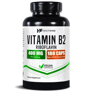 Discover Healthfare's authentic Vitamin B2 Riboflavin, 400 mg, 180 vegan capsules, non-GMO and gluten-free.