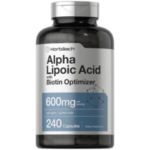 Horbäach Alpha Lipoic Acid, 600mg, 240 capsules in a sleek, authentic black bottle, non-GMO and gluten-free.
