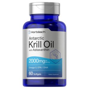 Authentic Horbäach Antarctic Krill Oil, 2000mg per serving, 60 softgels for Omega-3 support and wellness.