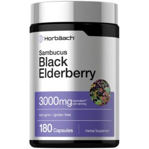 Discover authentic Horbäach Black Elderberry Capsules, 3000mg, non-GMO, gluten-free, herbal supplement with 180 capsules.