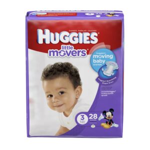 Authentic Huggies Little Movers Diapers, size 3, featuring a happy baby and Mickey Mouse, 28 count pack.