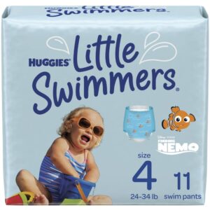 Authentic Huggies Little Swimmers swim pants, size 4, for toddlers weighing 24-34 lbs. Perfect for fun water play!
