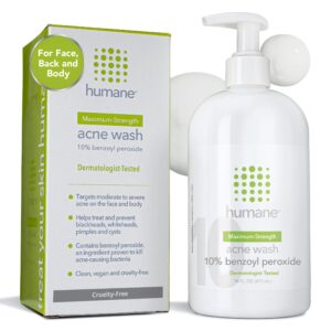 Authentic Humane acne wash with 10% benzoyl peroxide, dermatologist-tested for effective acne treatment. Cruelty-free product.