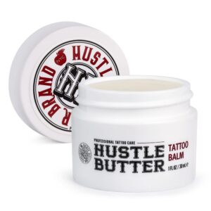 100% Genuine Hustle Butter Deluxe Tattoo Balm in a white jar, ideal for professional tattoo care and skin nourishment.