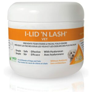Premium imported I-LID 'N LASH Dog Eye Wipes help prevent tear stains and odors. Available at Curat Cart for pets' hygiene.