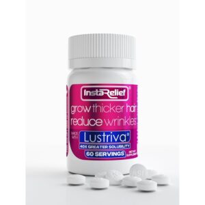 InstaRelief hair growth supplement, 60 servings, featuring Lustriva for thicker hair and wrinkle reduction. 100% authentic product.