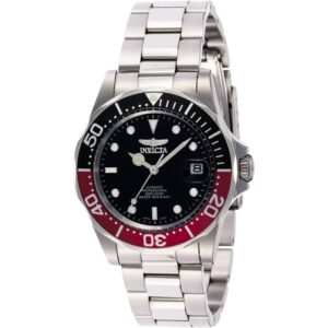 Authentic Invicta Pro Diver Automatic Watch features a black dial, stainless steel bracelet, and water resistance.