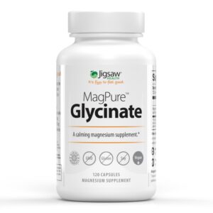 Jigsaw Health Magnesium Glycinate, a premium imported calming supplement with 120 vegan capsules, available at Curat Cart.