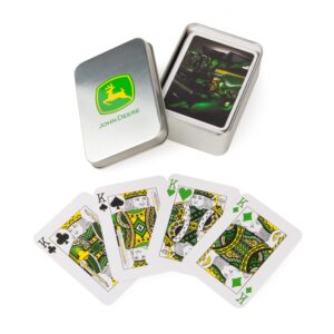 Authentic John Deere playing cards in a sleek tin, featuring vibrant designs and high-quality materials.