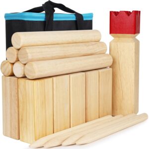 Premium imported Juegoal Kubb game set featuring wooden blocks and a carrying case, perfect for outdoor fun. Available at Curat Cart.