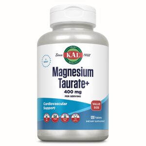 100% Genuine KAL Magnesium Taurate with Vitamin B6, 400 mg, 120 tablets for cardiovascular support.