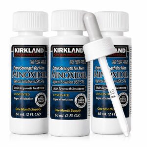 Premium import Kirkland Men Hair Loss Regrowth featuring three bottles of Minoxidil, a trusted solution for hair regrowth. Available at Curat Cart.