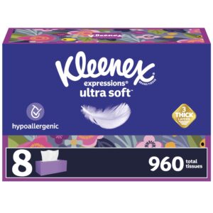 Kleenex Ultra Soft Facial Tissues, a premium import with 960 hypoallergenic tissues, available at Curat Cart for your comfort.