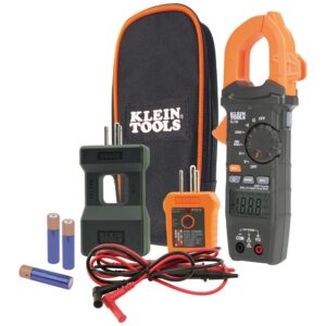 Authentic Klein Tools Clamp Meter Kit includes meter, probes, batteries, and case for reliable electrical measurements.