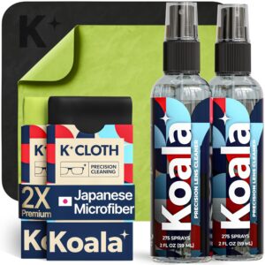 Discover the Koala Eyeglass Lens Cleaner Kit, featuring two premium sprays and microfiber cloth for precision cleaning.